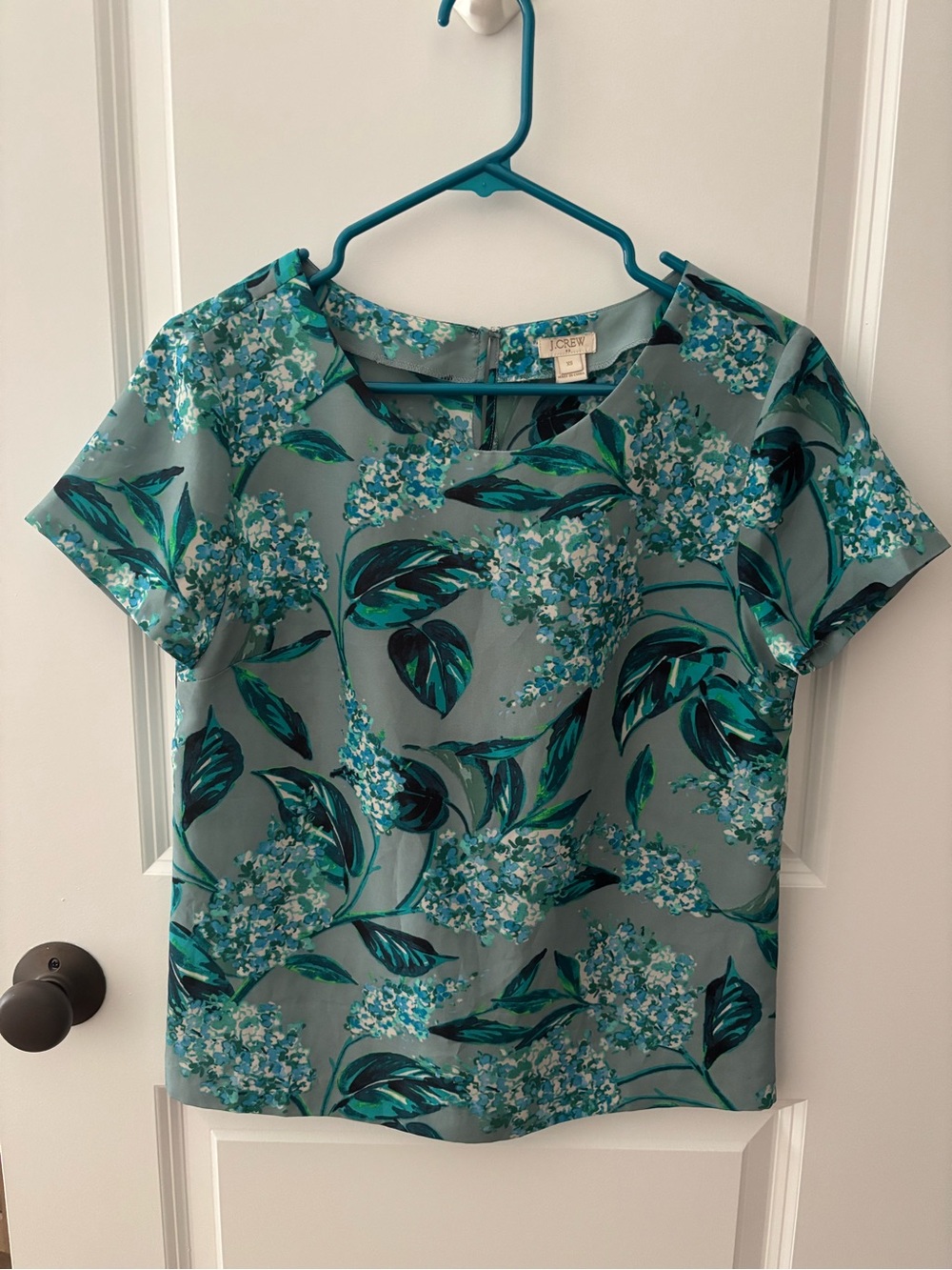 J. Crew Teal and Aqua Floral Short-Sleeve Blouse